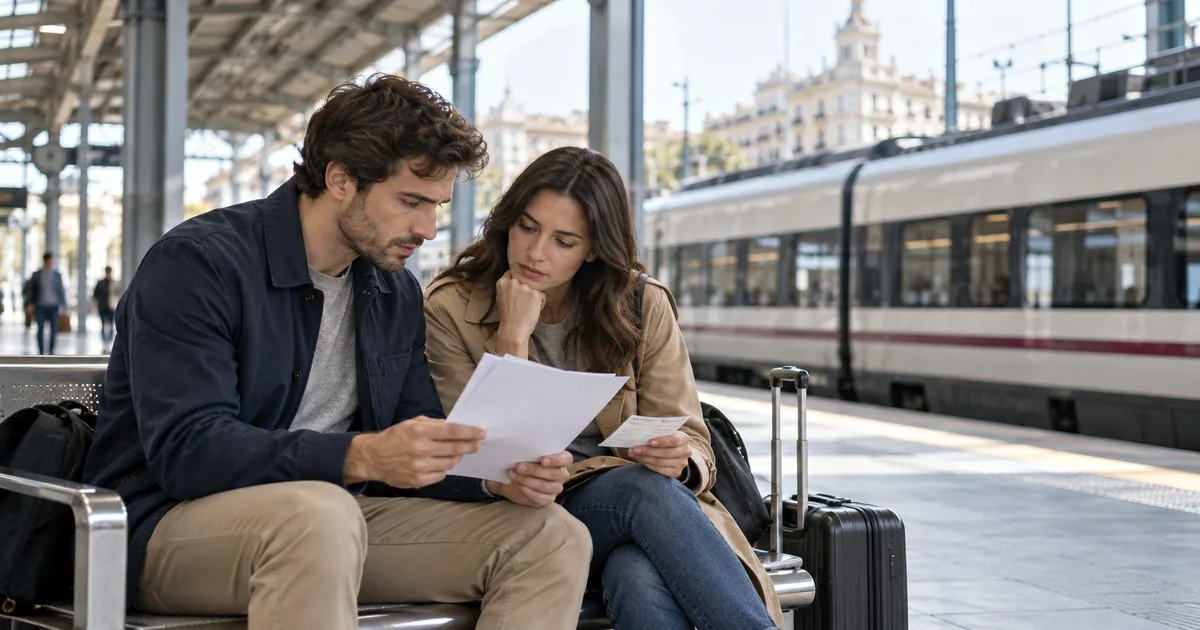Abogados reclamación accidente de tren en Madrid Dos viajeros revisan documentación en una estación de tren de Madrid.